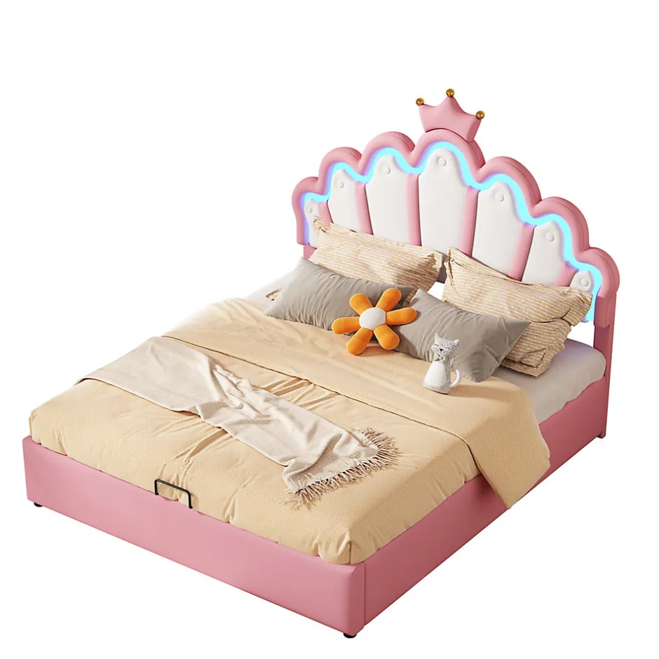 Okwish Lit Coffre 140x200 cm - Lit Double enfant avec Lumière d'Ambiance Réglable, Capitonné, MDF et Similicuir, Rose, Sans Matelas