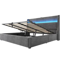 Okwish Lit Coffre 180x200 cm - Lit Double avec Sommier Relevable et Rangement - LED et Ports USB Type-C - Tissu Lin Gris - Sans Matelas Discount