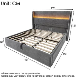 Okwish Lit Coffre 180x200 cm - Lit Double avec Sommier Relevable et Rangement - LED et Ports USB Type-C - Tissu Lin Gris - Sans Matelas Discount