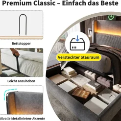 Okwish Lit Coffre 180x200 cm - Lit Double avec Sommier Relevable et Rangement - LED et Ports USB Type-C - Tissu Lin Gris - Sans Matelas Discount