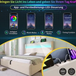 Okwish Lit Coffre 140x200 cm - Lit Double avec Sommier Relevable et Rangement - Ports USB Type-C - Tissu Lin Beige - Sans Matelas New