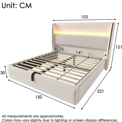 Okwish Lit Coffre 140x200 cm - Lit Double avec Sommier Relevable et Rangement - Ports USB Type-C - Tissu Lin Beige - Sans Matelas New