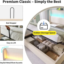 Okwish Lit Coffre 140x200 cm - Lit Double avec Sommier Relevable et Rangement - Ports USB Type-C - Tissu Lin Beige - Sans Matelas New