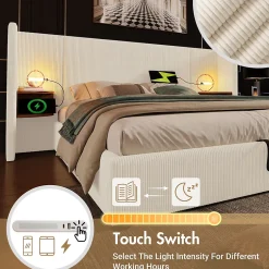 Okwish Lit coffre 180x200 cm - Lit double capitonné avec table de chevet et lampe de lecture - Velours côtelé - Sans Matelas - Beige Best