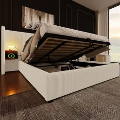 Okwish Lit coffre 180x200 cm - Lit double capitonné avec table de chevet et lampe de lecture - Velours côtelé - Sans Matelas - Beige Best