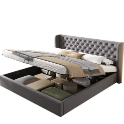 Generique Lit coffre 160x200 cm - Lit double avec sommier à lattes et coffre hydraulique - Velours - Sans Matelas - Gris Outlet