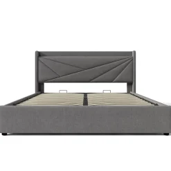Okwish Lit Coffre 160x200 Cm - Lit Double avec Sommier à Lattes et Port USB - Coton Bois Métal - Sans Matelas - Gris