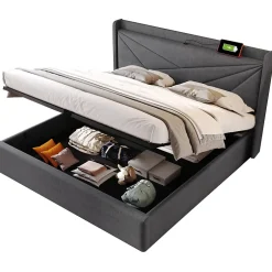 Okwish Lit Coffre 160x200 Cm - Lit Double avec Sommier à Lattes et Port USB - Coton Bois Métal - Sans Matelas - Gris