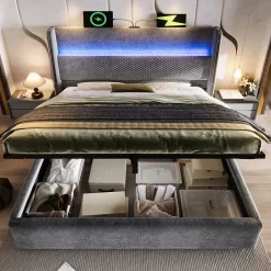 Okwish Lit Coffre 160x200 cm - Lit Double avec Sommier Relevable et Rangement - LED et Ports USB Type-C - Tissu Lin Gris - Sans Matelas Sale