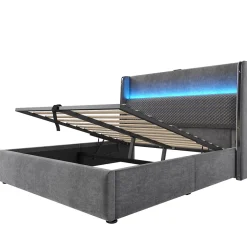 Okwish Lit Coffre 160x200 cm - Lit Double avec Sommier Relevable et Rangement - LED et Ports USB Type-C - Tissu Lin Gris - Sans Matelas Sale