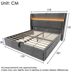 Okwish Lit Coffre 160x200 cm - Lit Double avec Sommier Relevable et Rangement - LED et Ports USB Type-C - Tissu Lin Gris - Sans Matelas Sale