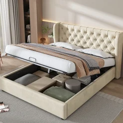 Okwish Lit coffre 140x190 cm - Lit double avec sommier à lattes et coffre hydraulique - Capitonné Velours - Sans Matelas - Beige