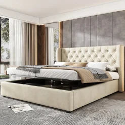 Okwish Lit coffre 140x190 cm - Lit double avec sommier à lattes et coffre hydraulique - Capitonné Velours - Sans Matelas - Beige