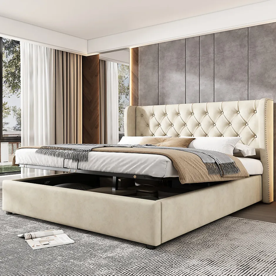 Okwish Lit coffre 140x190 cm - Lit double avec sommier à lattes et coffre hydraulique - Capitonné Velours - Sans Matelas - Beige