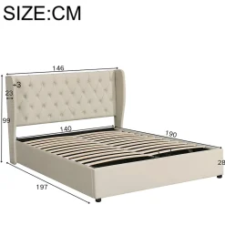 Okwish Lit coffre 140x190 cm - Lit double avec sommier à lattes et coffre hydraulique - Capitonné Velours - Sans Matelas - Beige