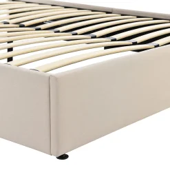 Okwish Lit coffre 160x200 cm - Lit double rembourré Beige avec sommier à lattes - Lin - Sans Matelas
