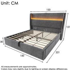Okwish Lit Coffre 140x200 cm - Lit Double avec Sommier Relevable et Rangement - LED et Ports USB Type-C - Tissu Lin Gris - Sans Matelas Hot