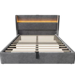Okwish Lit Coffre 140x200 cm - Lit Double avec Sommier Relevable et Rangement - LED et Ports USB Type-C - Tissu Lin Gris - Sans Matelas Hot
