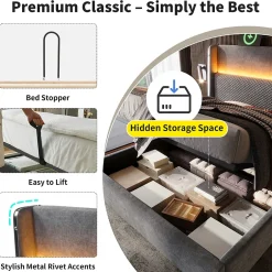 Okwish Lit Coffre 140x200 cm - Lit Double avec Sommier Relevable et Rangement - LED et Ports USB Type-C - Tissu Lin Gris - Sans Matelas Hot