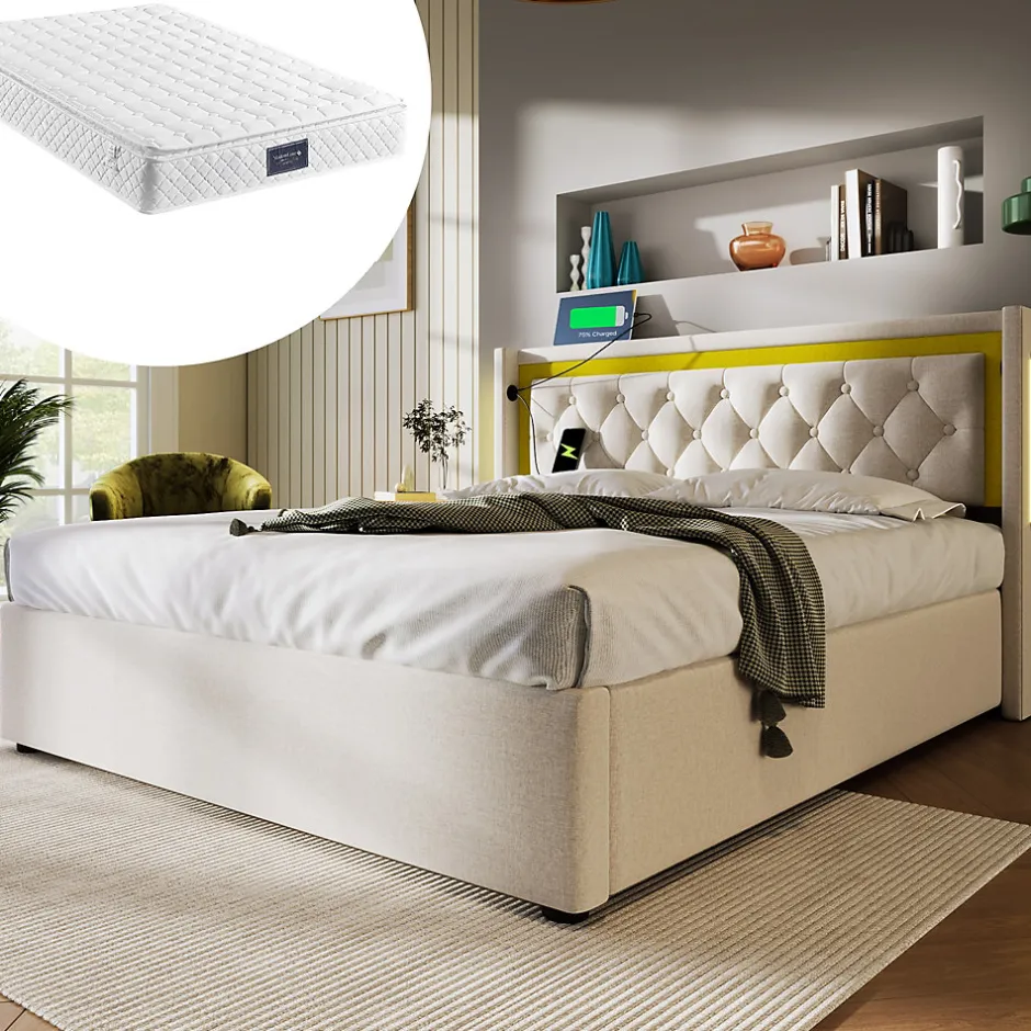 Okwish Lit coffre 160x200 cm - Lit double avec USB Type C et LED - Coton - avec Matelas - Beige