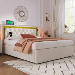 Okwish Lit coffre 160x200 cm - Lit double avec USB Type C et LED - Coton - avec Matelas - Beige