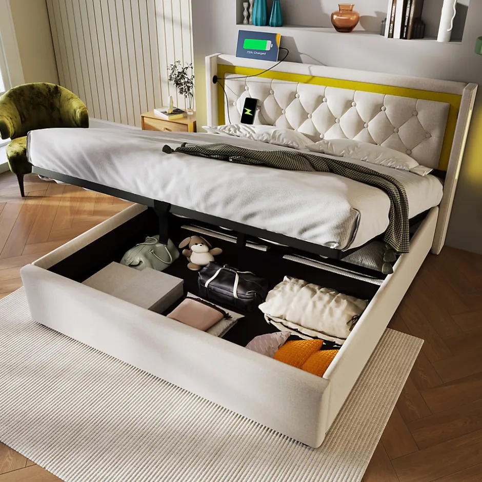 Okwish Lit coffre 160x200 cm - Lit double avec USB Type C et LED - Coton - avec Matelas - Beige