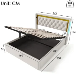 Okwish Lit coffre 160x200 cm - Lit double avec USB Type C et LED - Coton - avec Matelas - Beige