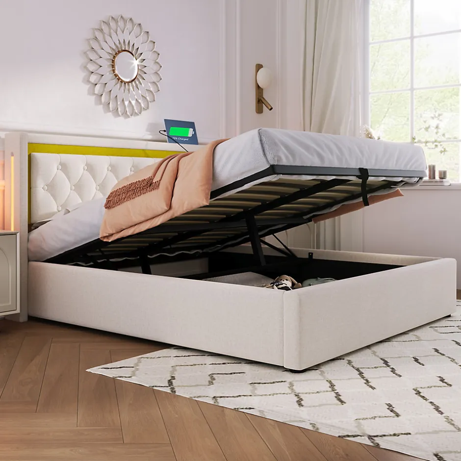 Okwish Lit coffre 160x200 cm - Lit double avec USB Type C et LED - Coton - avec Matelas - Beige