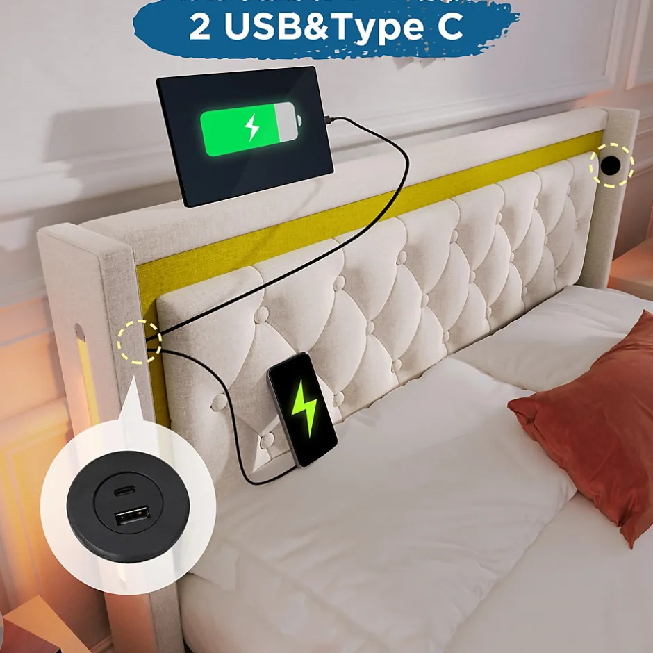 Okwish Lit coffre 160x200 cm - Lit double avec USB Type C et LED - Coton - avec Matelas - Beige