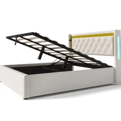 Okwish Lit coffre 160x200 cm - Lit double avec USB Type C et LED - Coton - avec Matelas - Beige