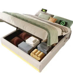 Okwish Lit Coffre 140x200 cm - Lit Double avec Poches de Rangement - Lin + MDF - Sans Matelas - Beige Clearance