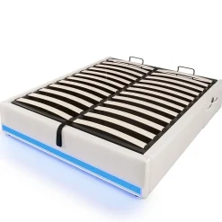 Okwish Lit Coffre 140x200 cm - Lit Double avec Poches de Rangement - Lin + MDF - Sans Matelas - Beige Clearance