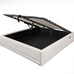 Okwish Lit Coffre 140x200 cm - Lit Double avec Poches de Rangement - Lin + MDF - Sans Matelas - Beige Clearance