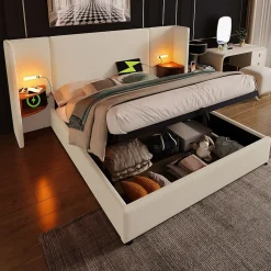 Okwish Lit coffre 160x200 cm - Lit double capitonné avec table de chevet et lampe de lecture - Lin - Sans Matelas - Beige