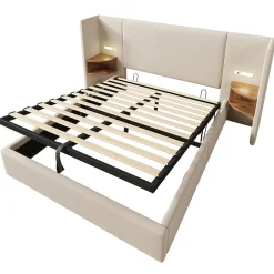 Okwish Lit coffre 160x200 cm - Lit double capitonné avec table de chevet et lampe de lecture - Lin - Sans Matelas - Beige