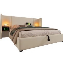 Okwish Lit coffre 160x200 cm - Lit double capitonné avec table de chevet et lampe de lecture - Lin - Sans Matelas - Beige