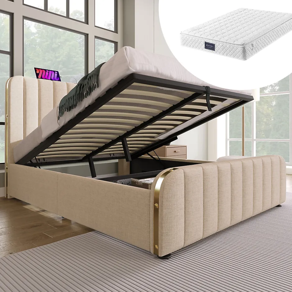 Okwish Lit coffre 140x200 cm - Lit double avec fonction de chargement USB Type-C - Lin - avec Matelas - Beige