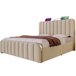 Okwish Lit coffre 140x200 cm - Lit double avec fonction de chargement USB Type-C - Lin - avec Matelas - Beige