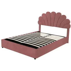 Okwish Lit coffre 140x200 cm - Lit double avec tête de lit fleur réglable - Velours + Métal + MDF - Sans matelas - Rose