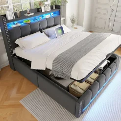 Okwish Lit coffre 140x200 cm - Lit double en tissu gris avec LED multicolores et rangement hydraulique - Sans matelas