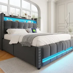 Okwish Lit coffre 140x200 cm - Lit double en tissu gris avec LED multicolores et rangement hydraulique - Sans matelas