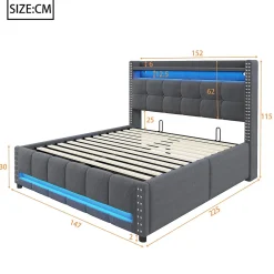 Okwish Lit coffre 140x200 cm - Lit double en tissu gris avec LED multicolores et rangement hydraulique - Sans matelas