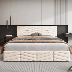 Okwish Lit coffre 140x200 cm - Lit Double Capitonné avec Tête de Lit Réglable - Velours - Sans Matelas - Beige Clearance