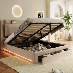 Generique Lit coffre 140x190 cm - Lit Double Capitonné avec Tiroirs et Éclairage LED - Velours - Sans Matelas - Beige