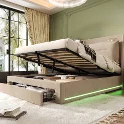 Generique Lit coffre 140x190 cm - Lit Double Capitonné avec Tiroirs et Éclairage LED - Velours - Sans Matelas - Beige