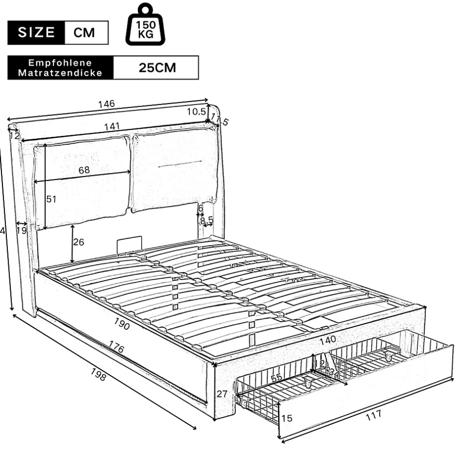 Generique Lit coffre 140x190 cm - Lit Double Capitonné avec Tiroirs et Éclairage LED - Velours - Sans Matelas - Beige