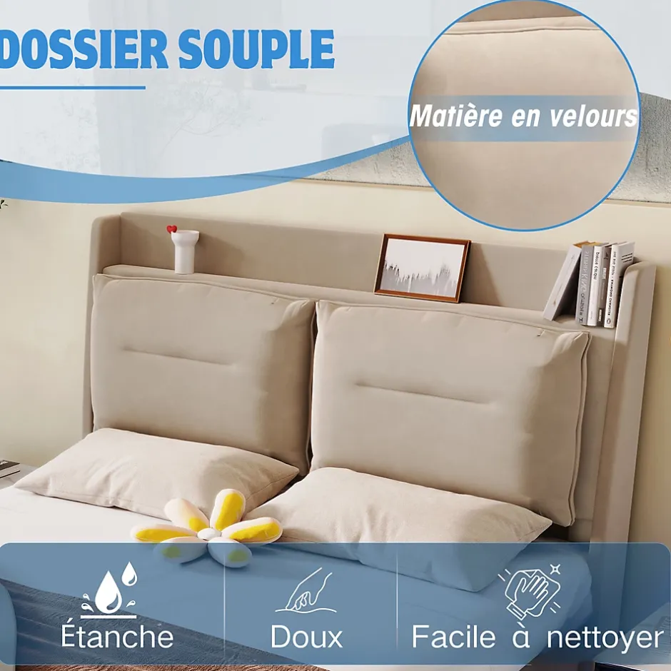 Generique Lit coffre 140x190 cm - Lit Double Capitonné avec Tiroirs et Éclairage LED - Velours - Sans Matelas - Beige