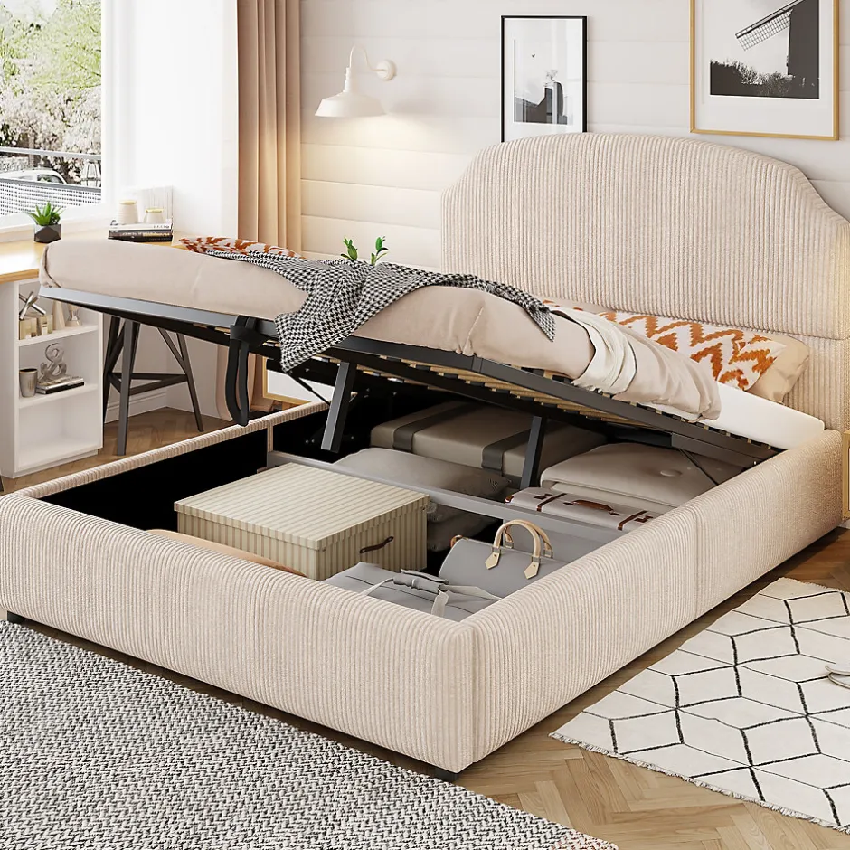 Okwish Lit Coffre 140x200 cm - Lit Double Adulte Capitonné avec Rangement Intégré, sans Matelas - Velours Beige