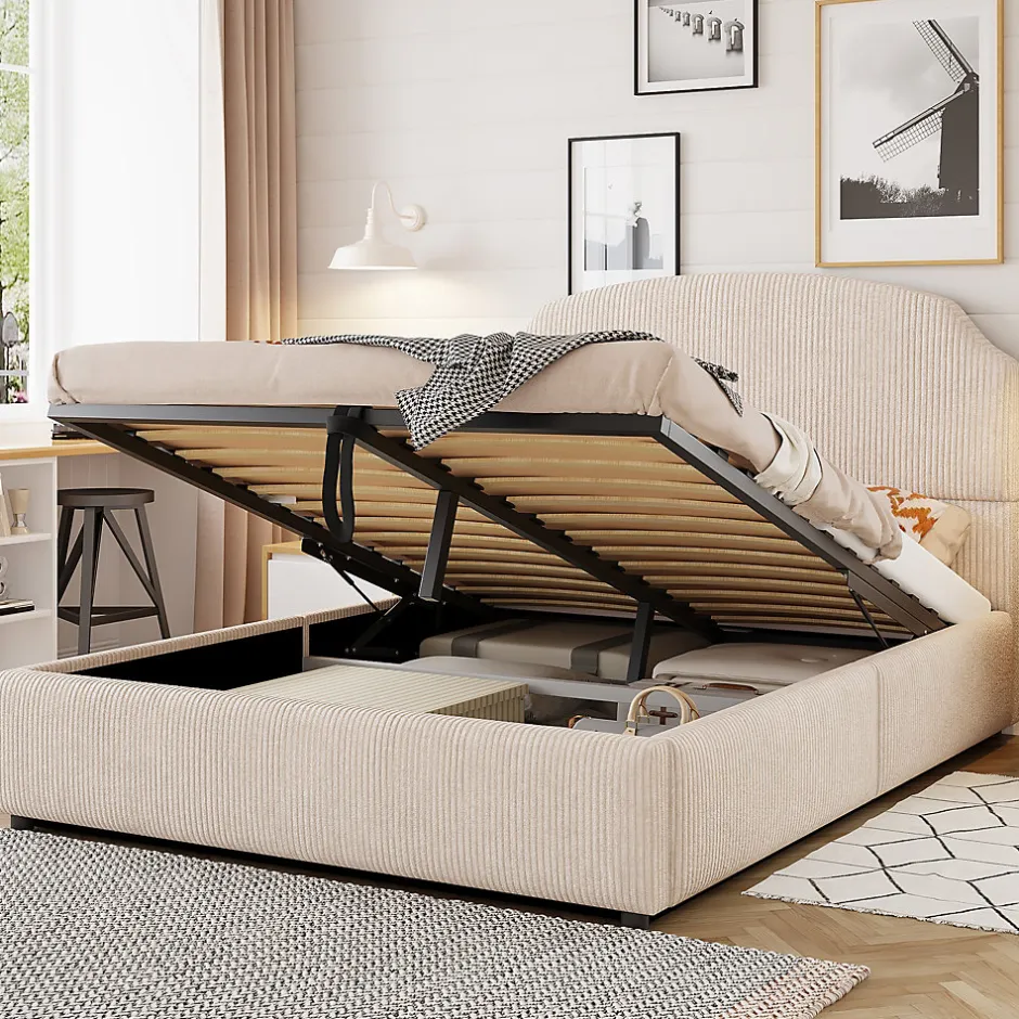 Okwish Lit Coffre 140x200 cm - Lit Double Adulte Capitonné avec Rangement Intégré, sans Matelas - Velours Beige