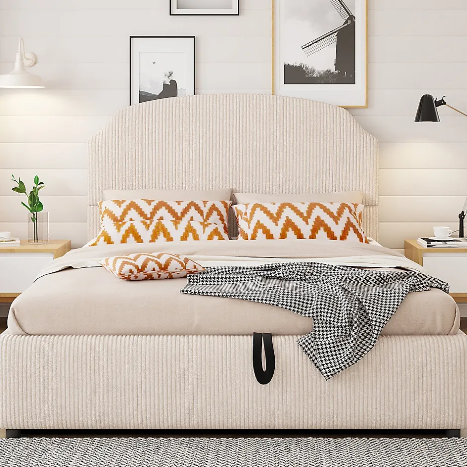 Okwish Lit Coffre 140x200 cm - Lit Double Adulte Capitonné avec Rangement Intégré, sans Matelas - Velours Beige